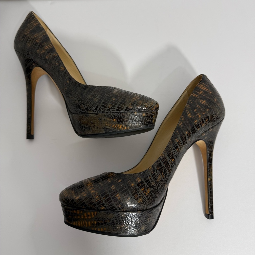 Jimmy Choo-Brown/Gold, Lizard Embossed, Anthracite, Platform, Pump/Heel. Sz-37.5 - Picture 5 of 11